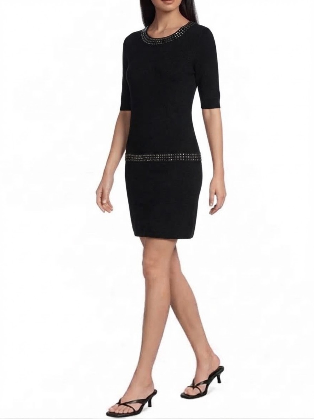 Gianni Bini Women's Black 100% Cashmere Studded Trim Shift Dress Size L